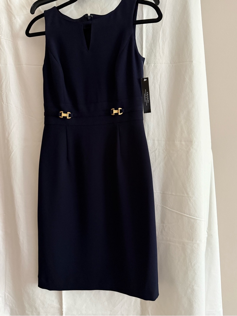 Tahari ASL Navy Sheath Dress with Gold Accents